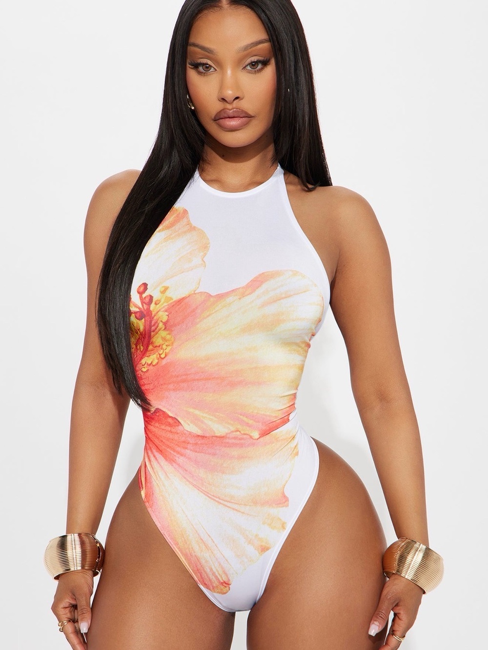 Fashion Nova White High-Neck Bodysuit with Coral-Peach Floral Print